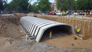 A large stormwater infiltration system being installed underground.