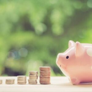 piggy bank with coins in front of it