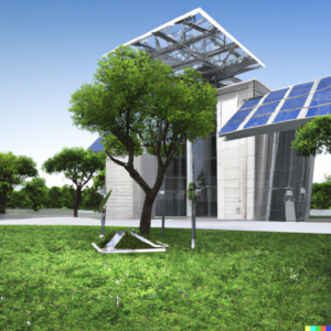 AI generated image of a green clover field with solar panels and trees.