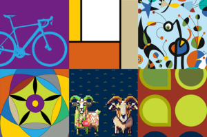20th century artist inspired graphics featuring bright colors and sustainability themes.