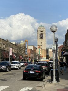 View of Ann Arbor looking down Liberty Street toward the Michigan and State theaters.