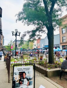 A view of tables outside in downtown Ann Arbor