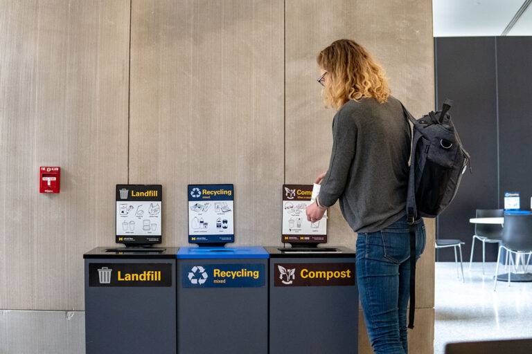 Landfill, recycling, and compost bins