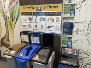 Photo of 3 UM waste bins next to each other in Bert's Cafe. There are signs above the bins stating which bin commonly thrown-away items belong in.