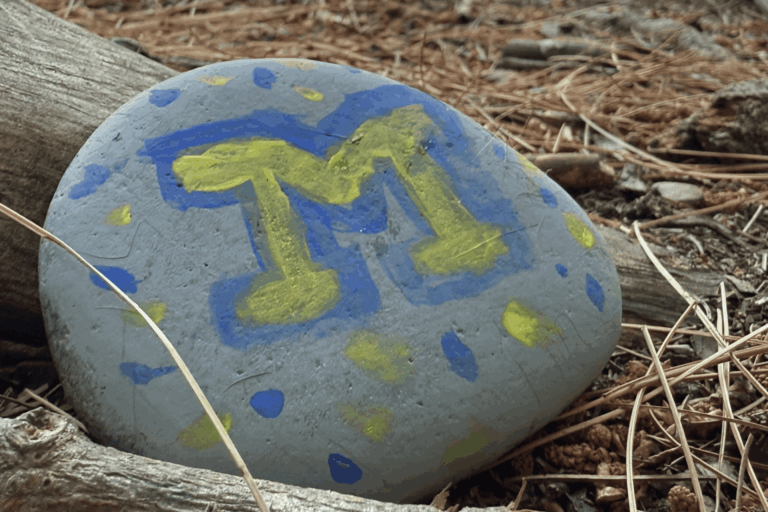 A stone has been painted with the "Block M" in maize and blue colors.