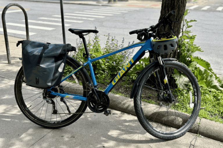 A bike stands on the sidewalk near a tree and flowers.
